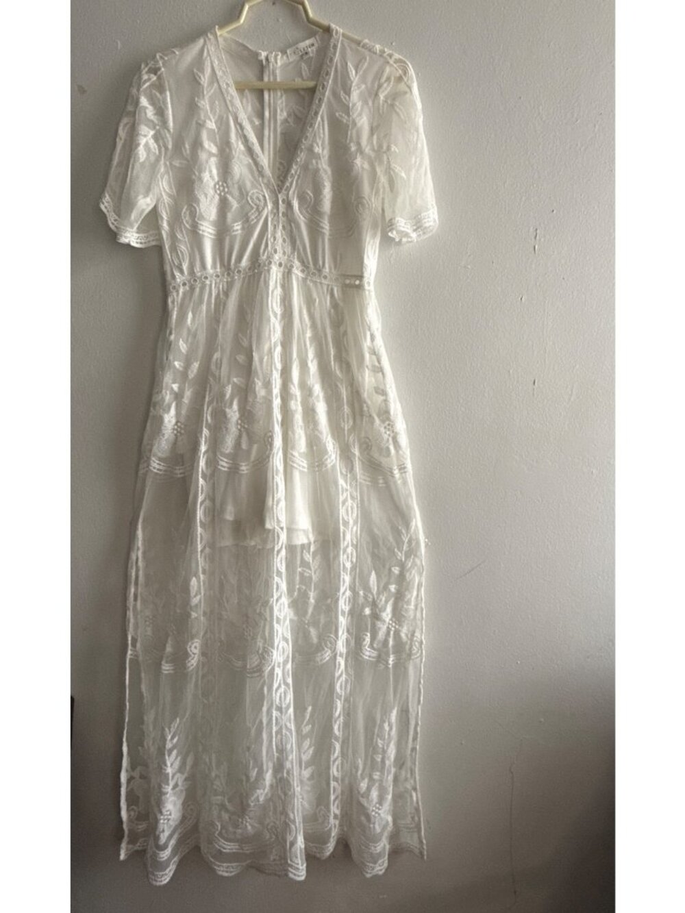 White Lace Sheer Maxi Slit Dress Attached Shorts Coquette Girl Boho Size Small